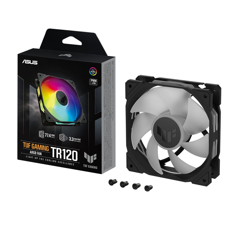 ASUS TUF Gaming TR120 ARGB Single Pack Black Edition 120mm Fans (28mm Frame, 3.3mm High Static Pressure H2O, Dual Layer LED Matrix, Aura Sync, PWM Fan Control