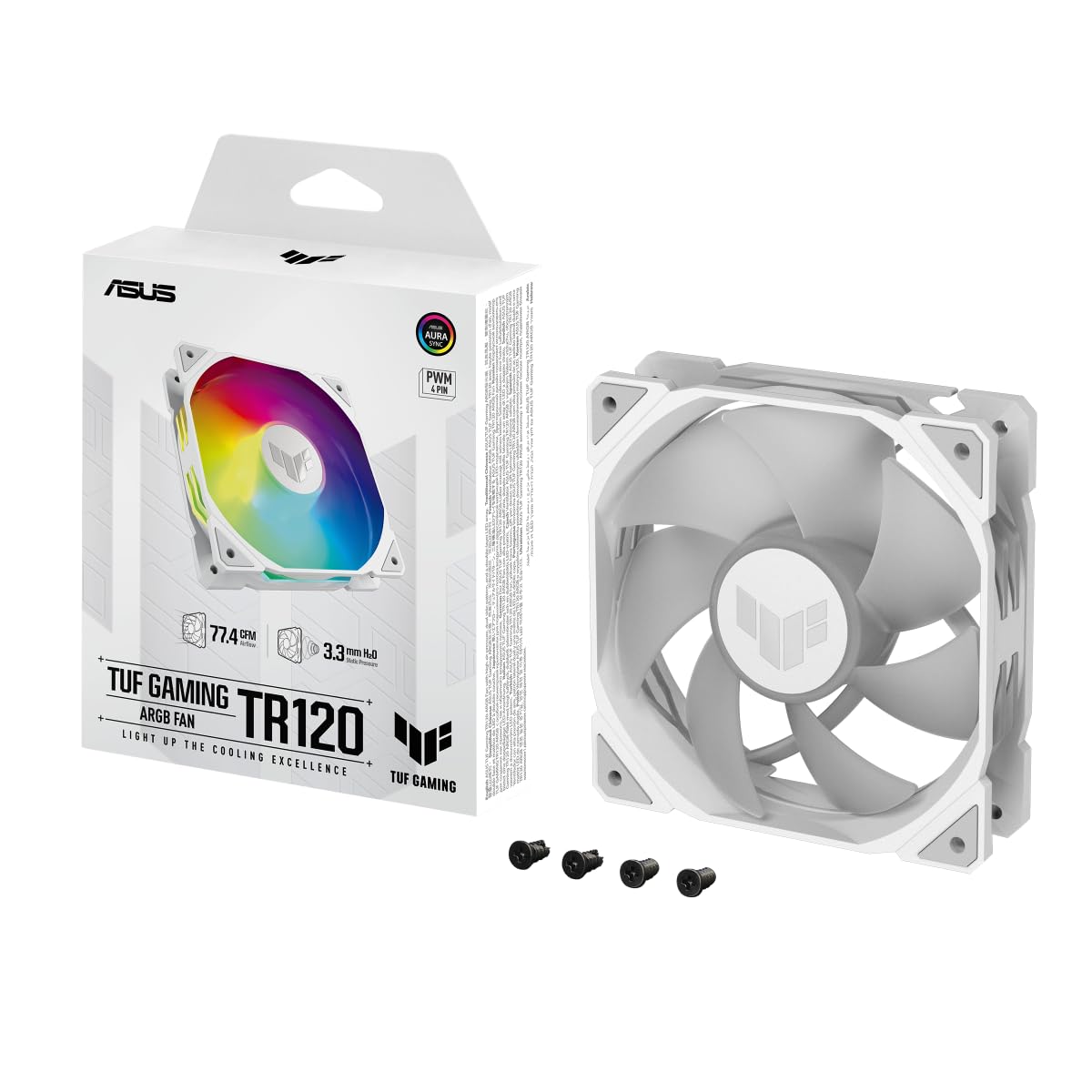 ASUS TUF Gaming TR120 ARGB Single Pack White Edition 120mm Fans (28mm Frame, 3.3mm High Static Pressure H2O, Dual Layer LED Matrix, Aura Sync, PWM Fan Control