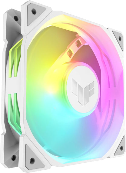 ASUS TUF GAMING TR120 FAN ARGB REVERSE WHITE Ventola Case a Pale Invertite, Spessore 28 mm, Pressione Statica 3,3 mm H2O con Flusso d'aria Elevato, Design Doppio Strato 16 LED RGB, 1 Pezzo, Bianco