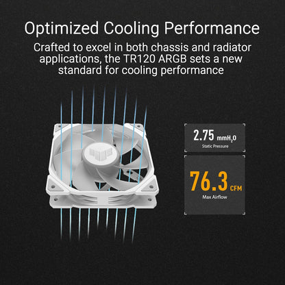 ASUS TUF GAMING TR120 FAN ARGB REVERSE WHITE 3 IN 1 Ventole Case a Pale Invertite Spessore 28 mm, Pressione Statica 3,3 mm H2O e Flusso d'aria Elevato, Design Doppio Strato 16 LED RGB, 3 pezzi, Bianco
