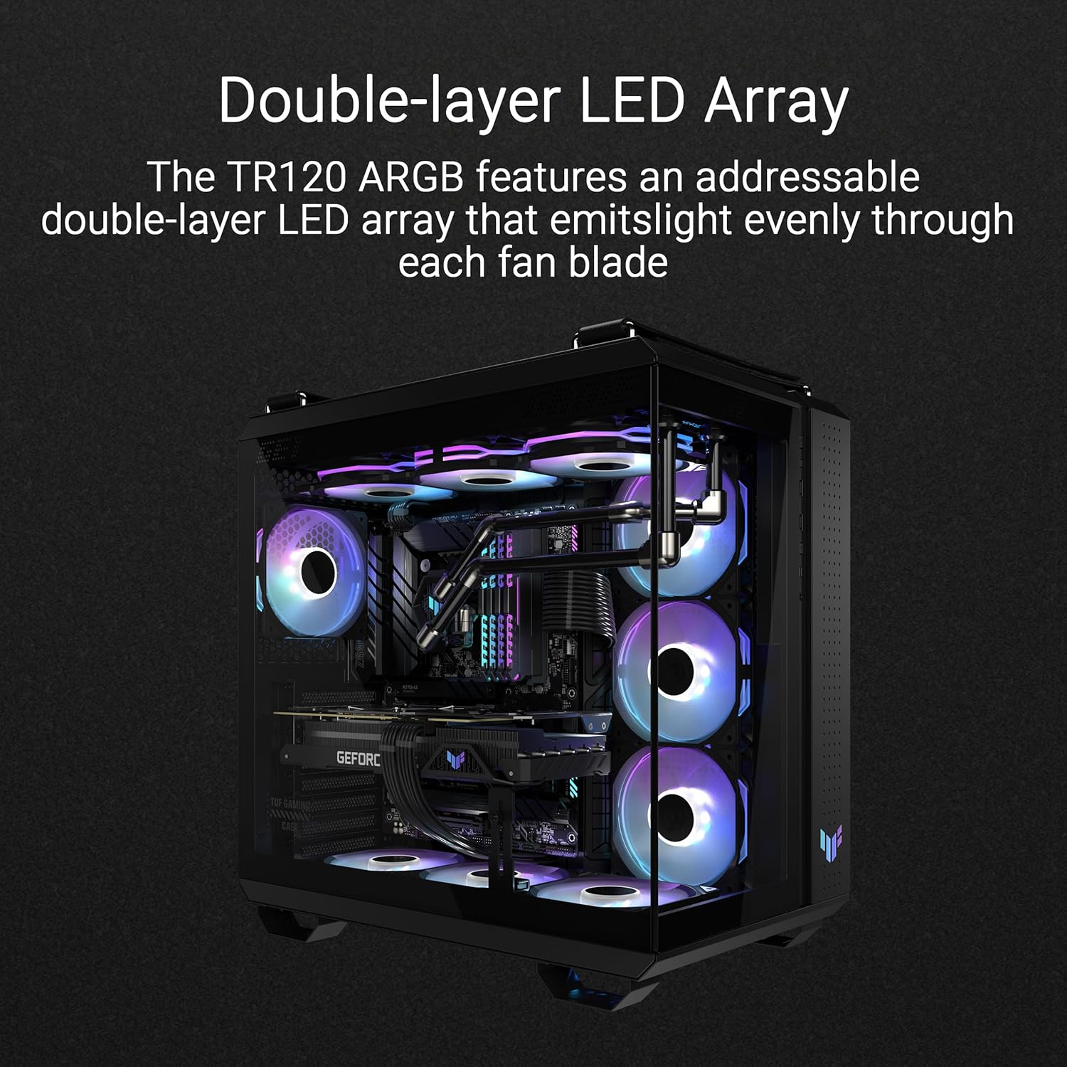 ASUS TUF GAMING TR120 FAN ARGB REVERSE WHITE 3 IN 1 Ventole Case a Pale Invertite Spessore 28 mm, Pressione Statica 3,3 mm H2O e Flusso d'aria Elevato, Design Doppio Strato 16 LED RGB, 3 pezzi, Bianco