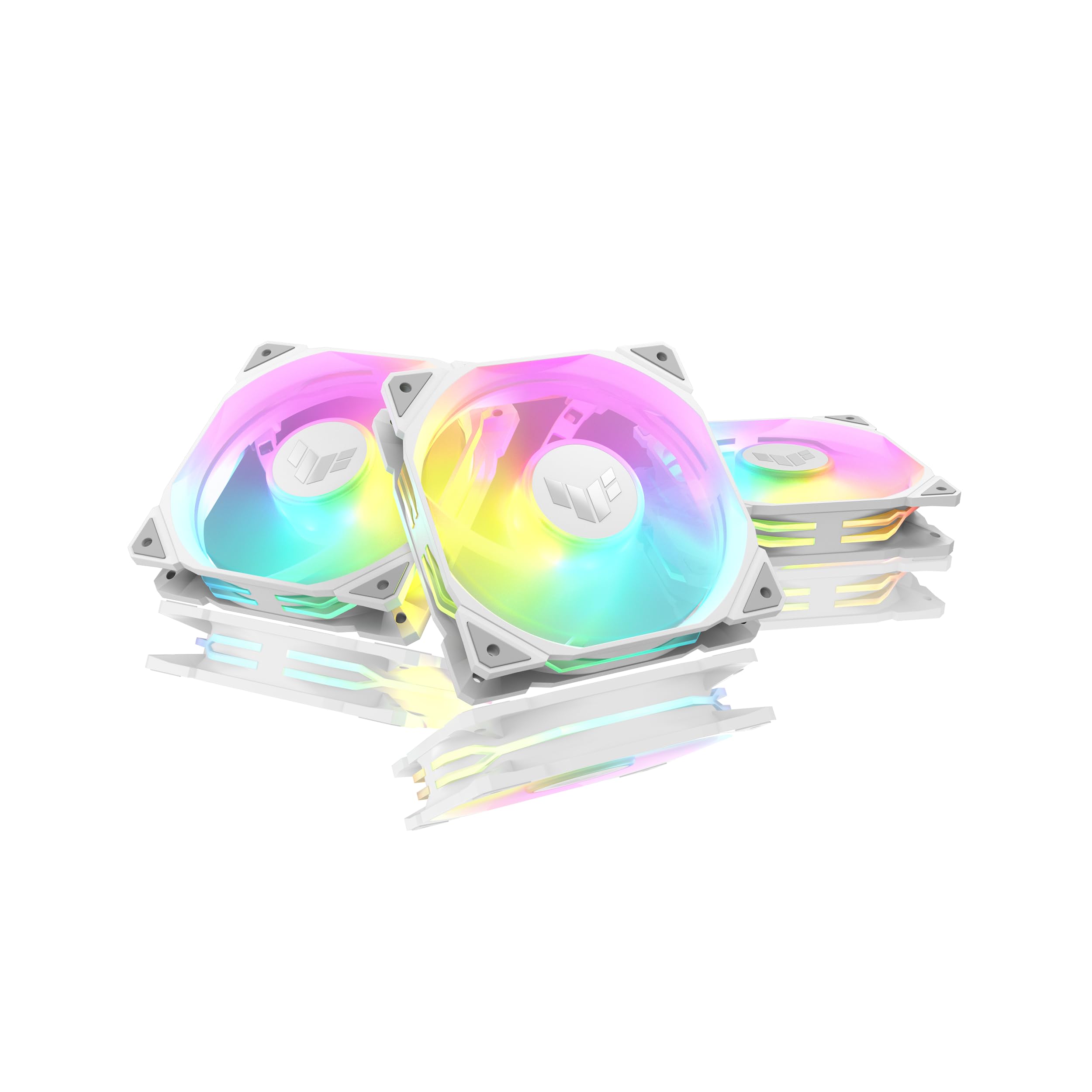 ASUS TUF GAMING TR120 FAN ARGB REVERSE WHITE 3 IN 1 Ventole Case a Pale Invertite Spessore 28 mm, Pressione Statica 3,3 mm H2O e Flusso d'aria Elevato, Design Doppio Strato 16 LED RGB, 3 pezzi, Bianco