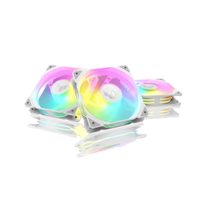 ASUS TUF GAMING TR120 FAN ARGB REVERSE WHITE 3 IN 1 Ventole Case a Pale Invertite Spessore 28 mm, Pressione Statica 3,3 mm H2O e Flusso d'aria Elevato, Design Doppio Strato 16 LED RGB, 3 pezzi, Bianco
