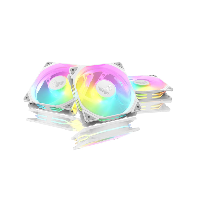 ASUS TUF GAMING TR120 FAN ARGB REVERSE WHITE 3 IN 1 Ventole Case a Pale Invertite Spessore 28 mm, Pressione Statica 3,3 mm H2O e Flusso d'aria Elevato, Design Doppio Strato 16 LED RGB, 3 pezzi, Bianco