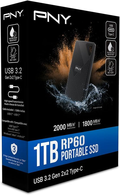 PNY RP60 1TB USB 3.2 Gen 2x2 Type-C Portable SSD - 2,000MB/s read speed (PSD0CS3060-1TB-RB