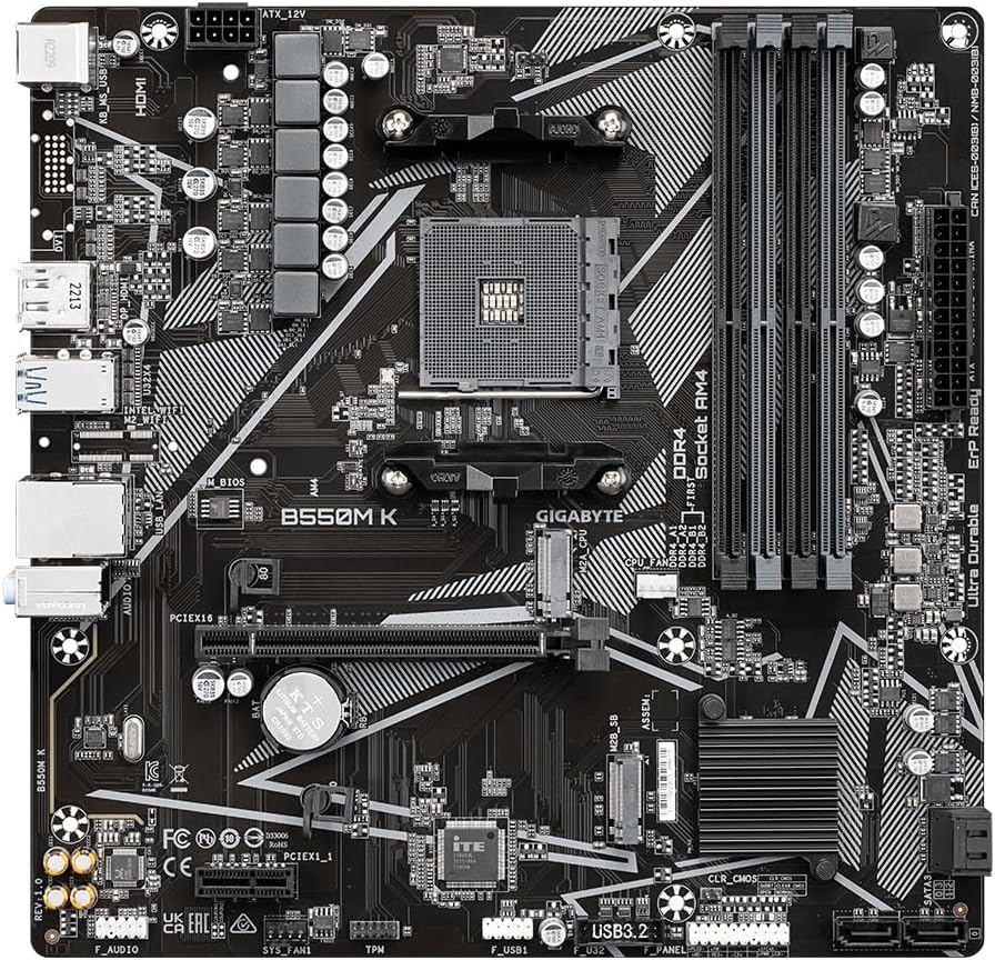 Gigabyte B550M K Motherboard - Supports AMD Ryzen 5000 Series AM4 CPUs, up to 4733MHz DDR4 (OC), 2xPCIe 3.0 M.2, GbE LAN, USB 3.2 Gen1