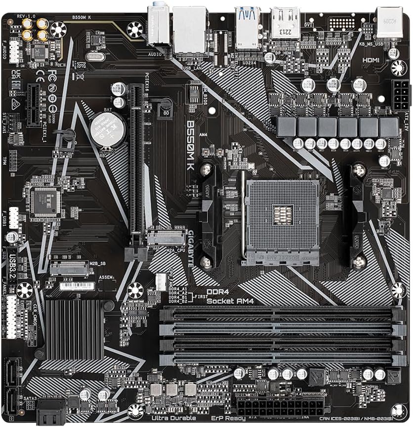 Gigabyte B550M K Motherboard - Supports AMD Ryzen 5000 Series AM4 CPUs, up to 4733MHz DDR4 (OC), 2xPCIe 3.0 M.2, GbE LAN, USB 3.2 Gen1