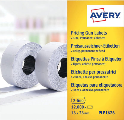 Avery PLP1626 Permanent Label Roll for PL2/18 2 Line Pricing Gun - White, (26 x 12 mm, 1200 Labels Per Roll