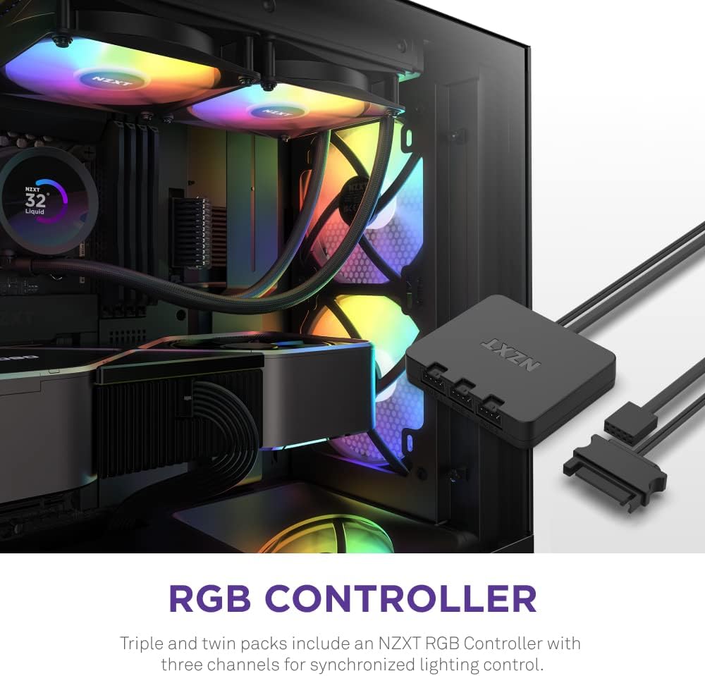 NZXT F120 RGB Core Triple Pack - 3 x 120mm Hub-Mounted RGB Fans with RGB Controller - 8 Individually-Addressable LEDs - Semi-Translucent Blades - High Static Pressure & Airflow - CAM Software - Black 120 mm Triple pack black