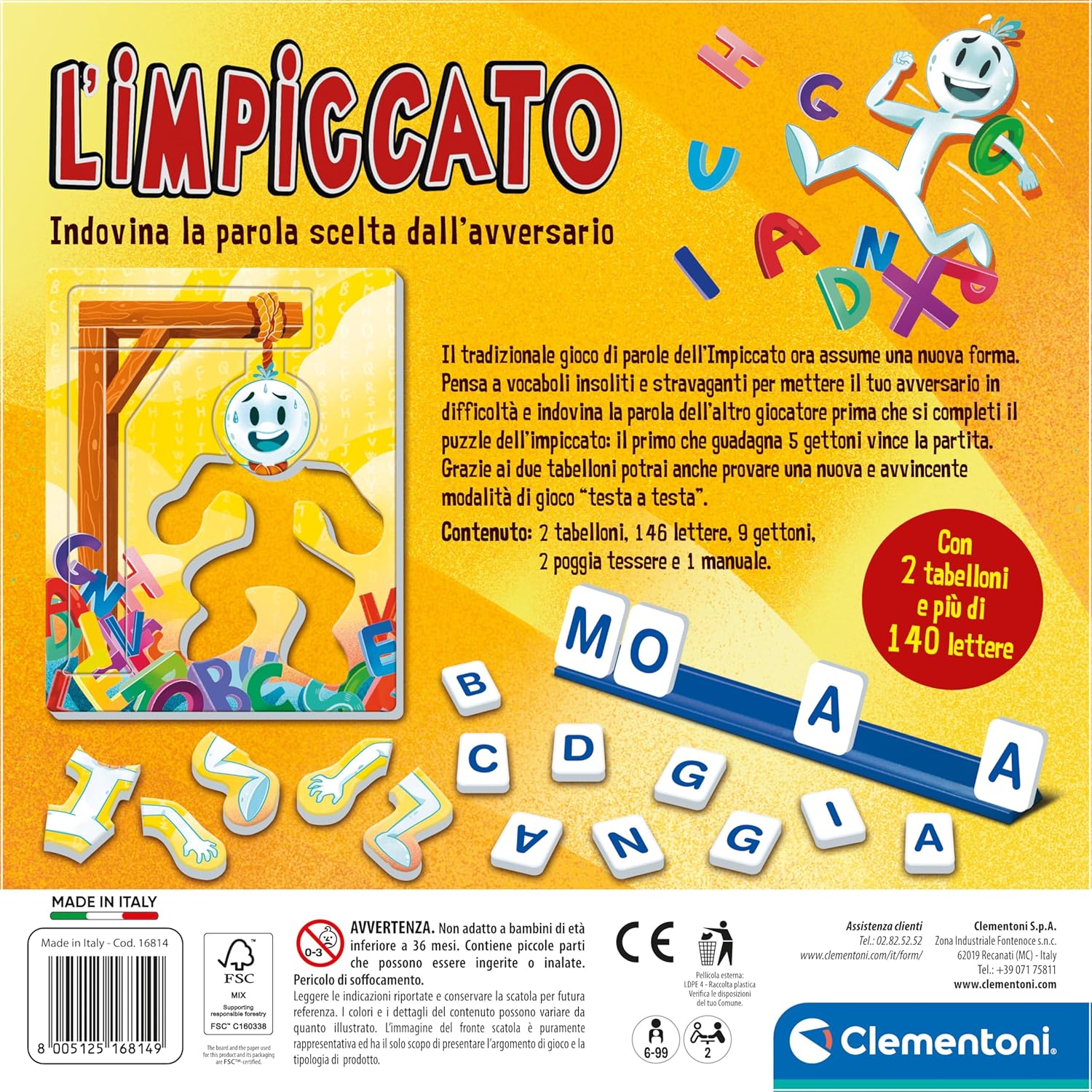 Clementoni - L'Impiccato Tischspiel für Kinder ab 6 Jahren und Erwachsene, Brettspiel für 2 Spieler, Geschenkidee, Made in Italy, Italienische Sprache, 16814