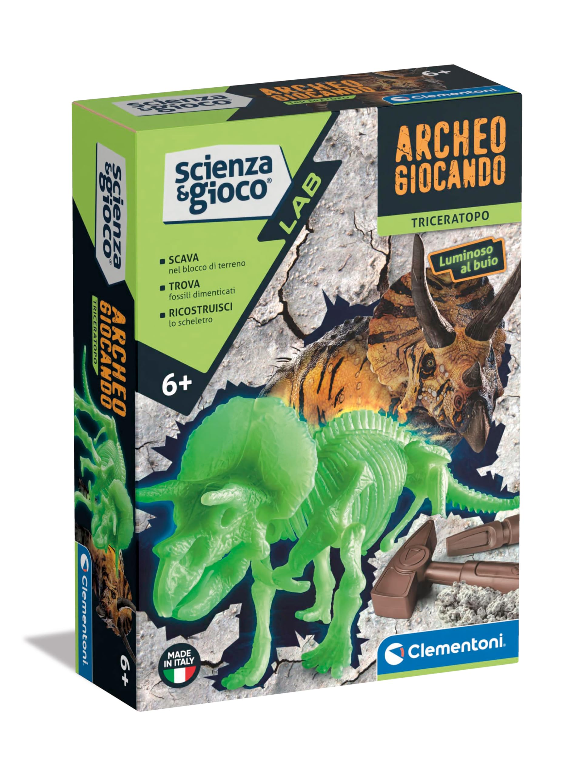 Clementoni - Science Lab Archaeogio Game Triceratopo Dinosaur, Fossil Set for Digging and Assembling Paleontology, Scientific Game 7 Years, in Italian, Made in Italy