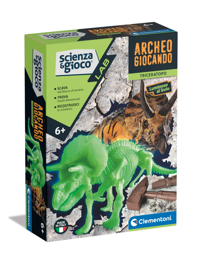 Clementoni - Science Lab Archaeogio Game Triceratopo Dinosaur, Fossil Set for Digging and Assembling Paleontology, Scientific Game 7 Years, in Italian, Made in Italy