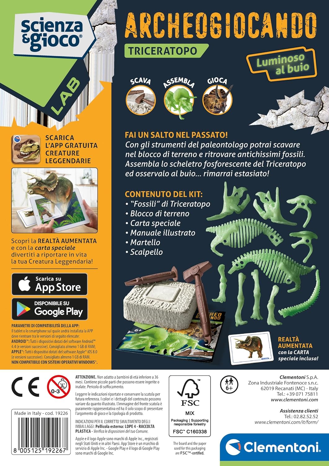 Clementoni - Science Lab Archaeogio Game Triceratopo Dinosaur, Fossil Set for Digging and Assembling Paleontology, Scientific Game 7 Years, in Italian, Made in Italy