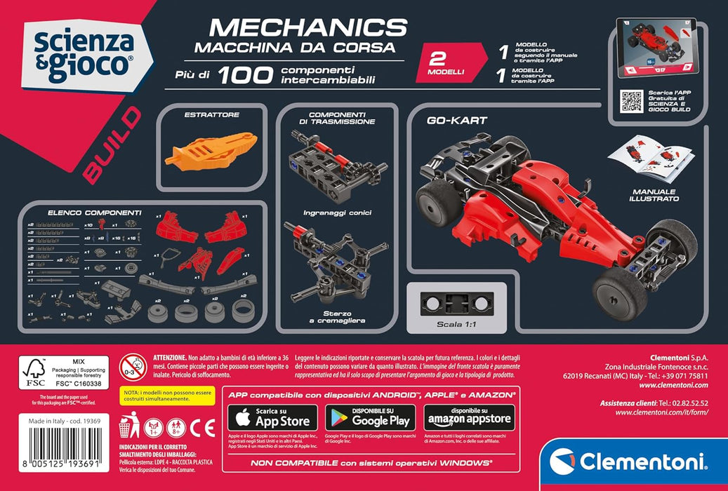 Clementoni - Supercar Model Kit - Racing Car - Science and Game Build, Car F1 Red for Building, Mechanics for Children 8 Years, Made in Italy, 19369