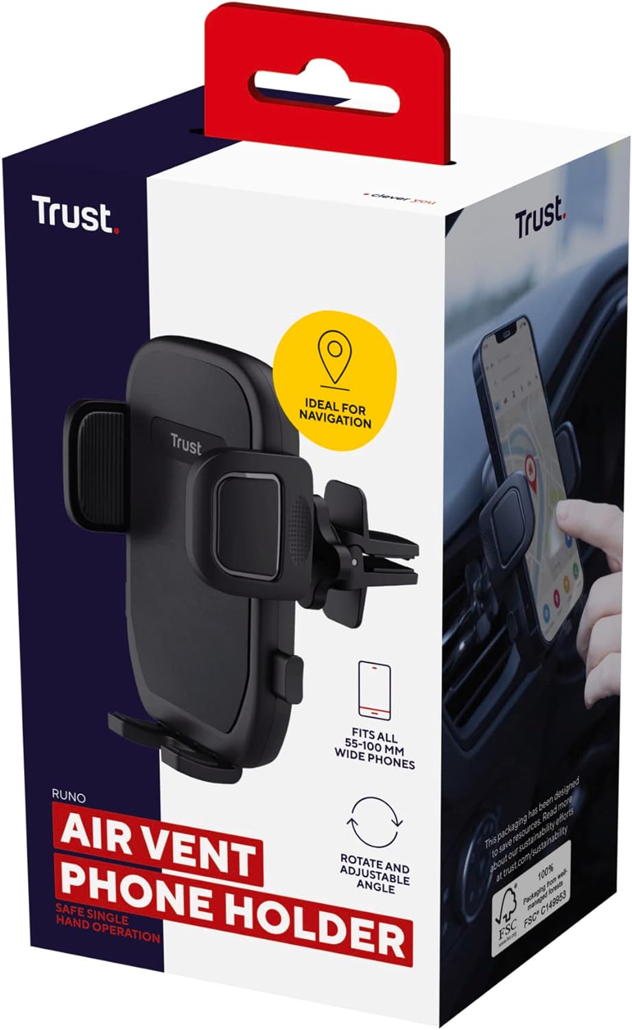 Trust Runo Car Phone Holder, Air Vent Phone Mount Cradle, Secure-fit, Quick Release Button, Rubberised Back Clamp, Rotatable Mount Compatible with iPhone, Samsung and Other 55-100 mm – Black