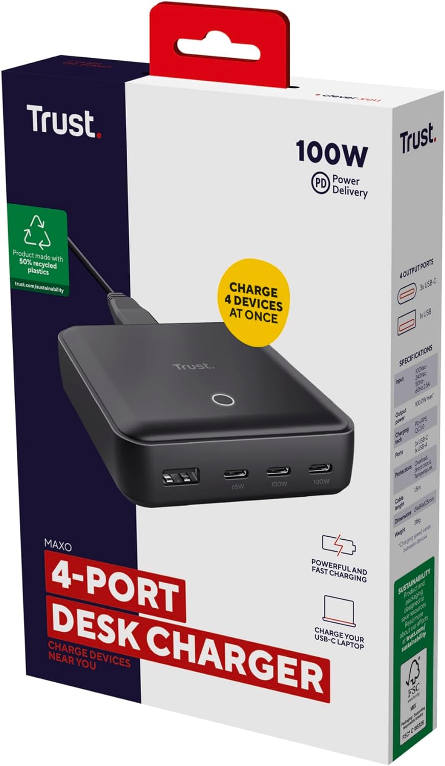 Trust Maxo 100W Multipresa USB C, Caricatore USB-C x3 USB-A x1, Caricatore USB Multiplo, Cavo di Alimentazione 1,5 m, Hub Stazione di Ricarica USB Multipla per iPhone Samsung Galaxy Tablet Laptop