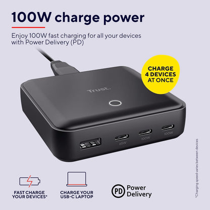 Trust Maxo 100W Multipresa USB C, Caricatore USB-C x3 USB-A x1, Caricatore USB Multiplo, Cavo di Alimentazione 1,5 m, Hub Stazione di Ricarica USB Multipla per iPhone Samsung Galaxy Tablet Laptop