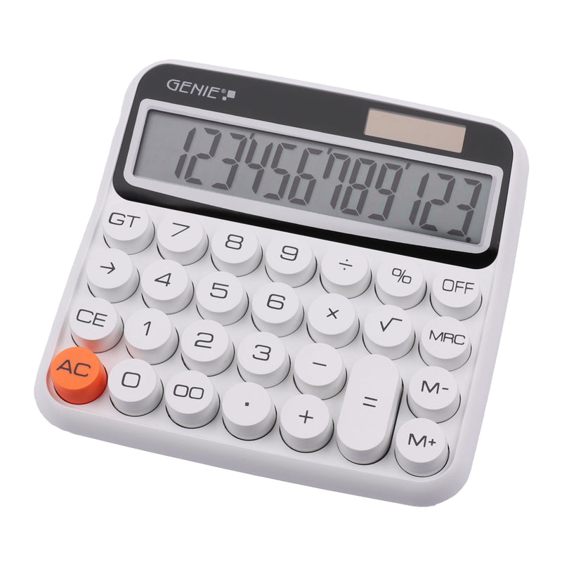 GENIE 612W 12-Digit Desktop Calculator with Dual Power (Solar and Battery) White