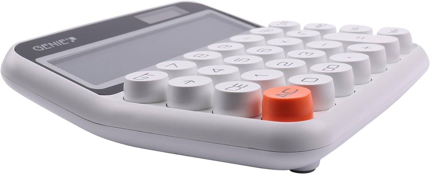 GENIE 612W 12-Digit Desktop Calculator with Dual Power (Solar and Battery) White