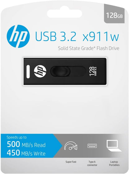 HP x911w USB SSD 3.2 Flash Drive 128GB, 500MB/s Read Speed, 450MB/s Write Speed, Push and Pull design HP x911w 128GB