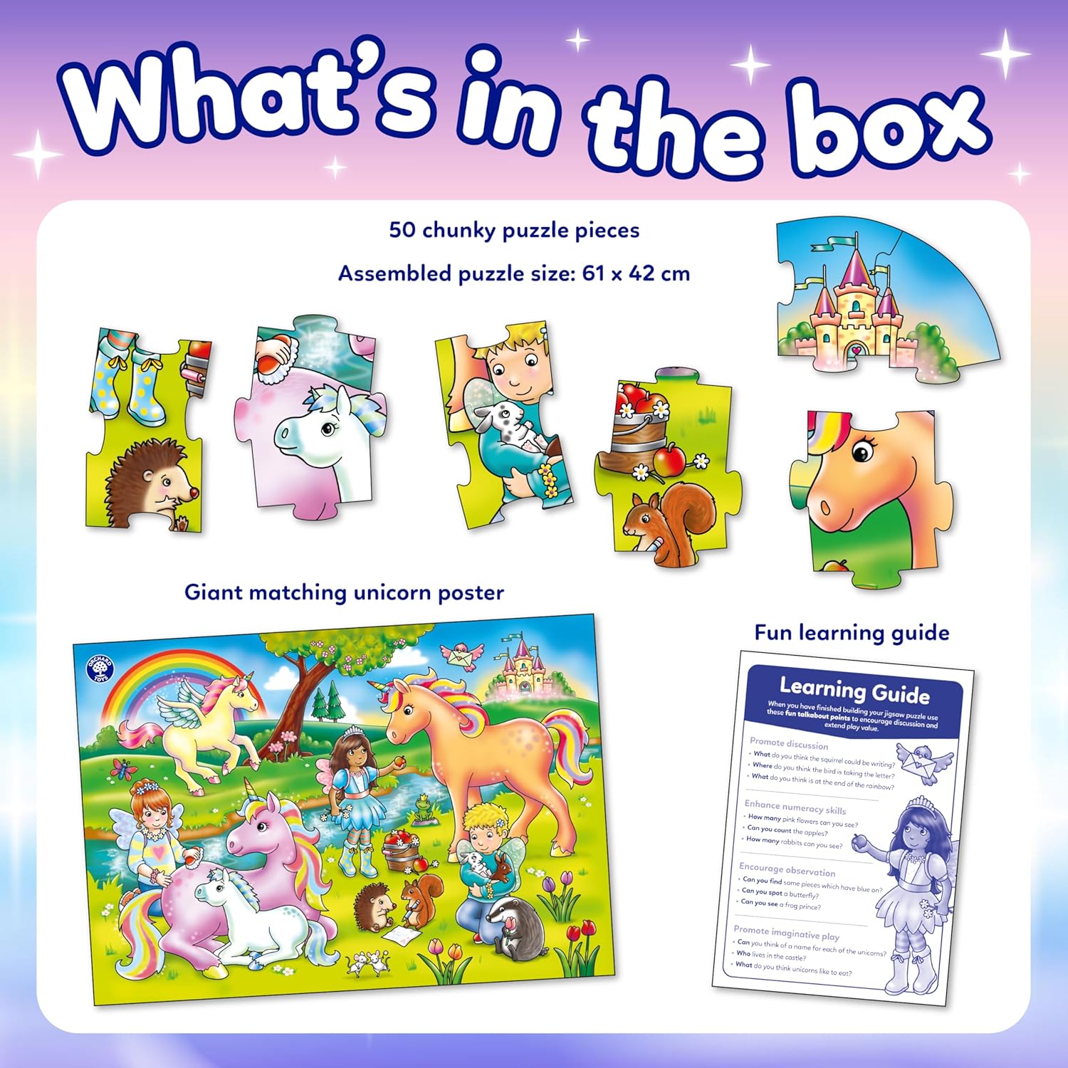Orchard Toys Unicorn Friends Jigsaw, 50-Piece Shaped Puzzle, Includes Poster and Learning Guide, For Ages 4+, Perfect for Kids who love Unicorns