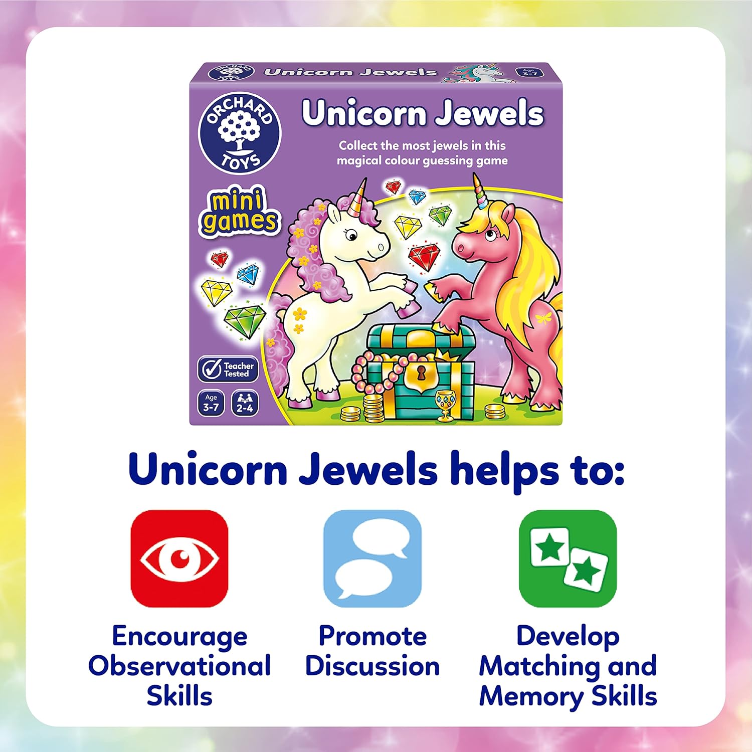 Orchard Toys Unicorn Jewels Colour Matching Game - Unicorn Gifts for Girls and Boys - Mini Travel Games for Kids, Toddlers, Children - Educational toys for 3+ year Olds - 3-7 Year Olds - 2-4 Players