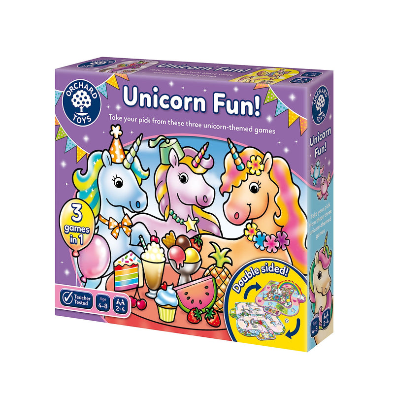Orchard Toys Juego divertido de unicornio, 3 juegos en 1, juego de valor de parachoques, juegos de combinación y memoria, para niños de 4 a 8 años, regalo de cumpleaños
