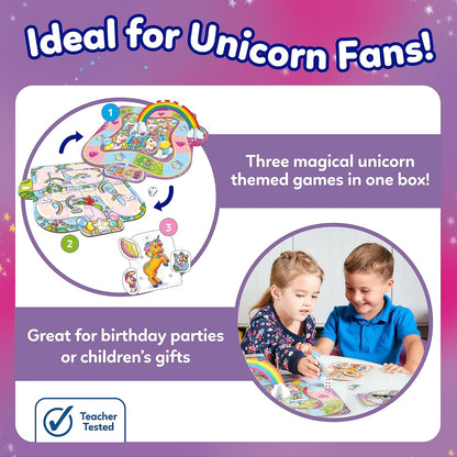 Orchard Toys Juego divertido de unicornio, 3 juegos en 1, juego de valor de parachoques, juegos de combinación y memoria, para niños de 4 a 8 años, regalo de cumpleaños