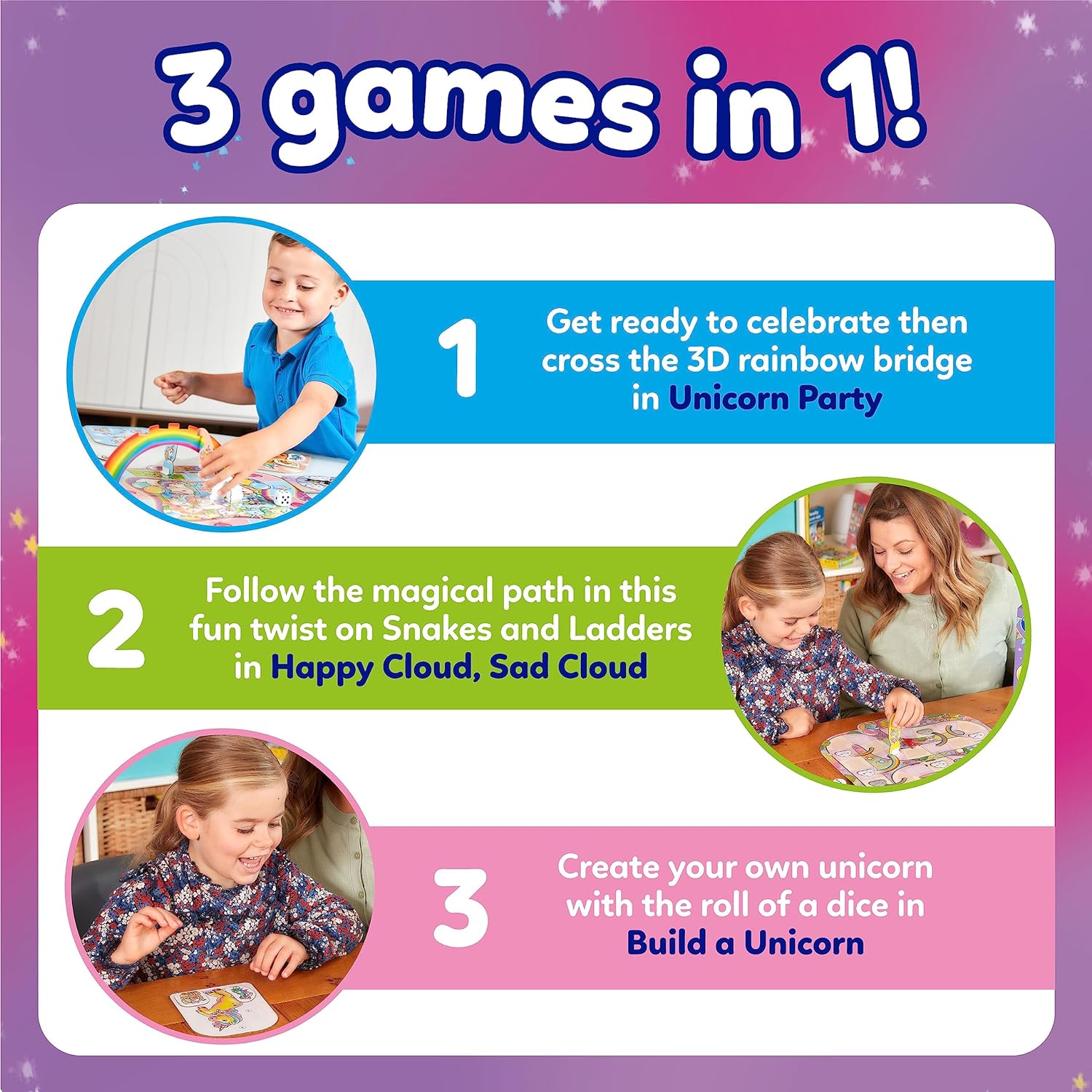 Orchard Toys Juego divertido de unicornio, 3 juegos en 1, juego de valor de parachoques, juegos de combinación y memoria, para niños de 4 a 8 años, regalo de cumpleaños