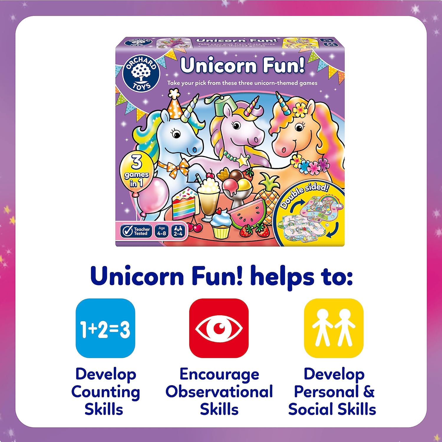 Orchard Toys Juego divertido de unicornio, 3 juegos en 1, juego de valor de parachoques, juegos de combinación y memoria, para niños de 4 a 8 años, regalo de cumpleaños