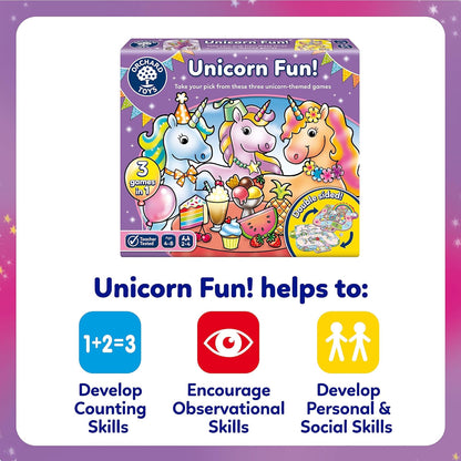 Orchard Toys Juego divertido de unicornio, 3 juegos en 1, juego de valor de parachoques, juegos de combinación y memoria, para niños de 4 a 8 años, regalo de cumpleaños