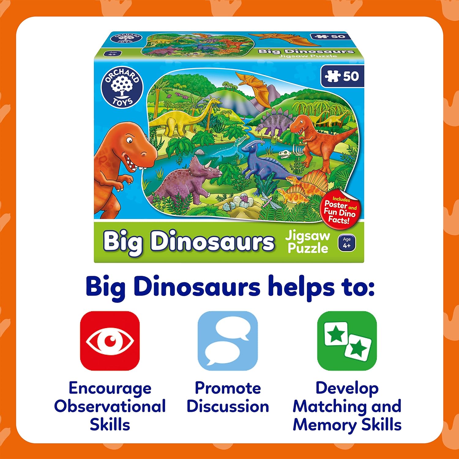 Orchard Toys Big Dinosaurs Jigsaw Puzzle for Kids - Large, 50-Piece, Dinosaur Floor Puzzles for 4+ Year Olds - Giant Games and Educational Toys for Children, Toddlers, Boys and Girls - 58 x 40 cm
