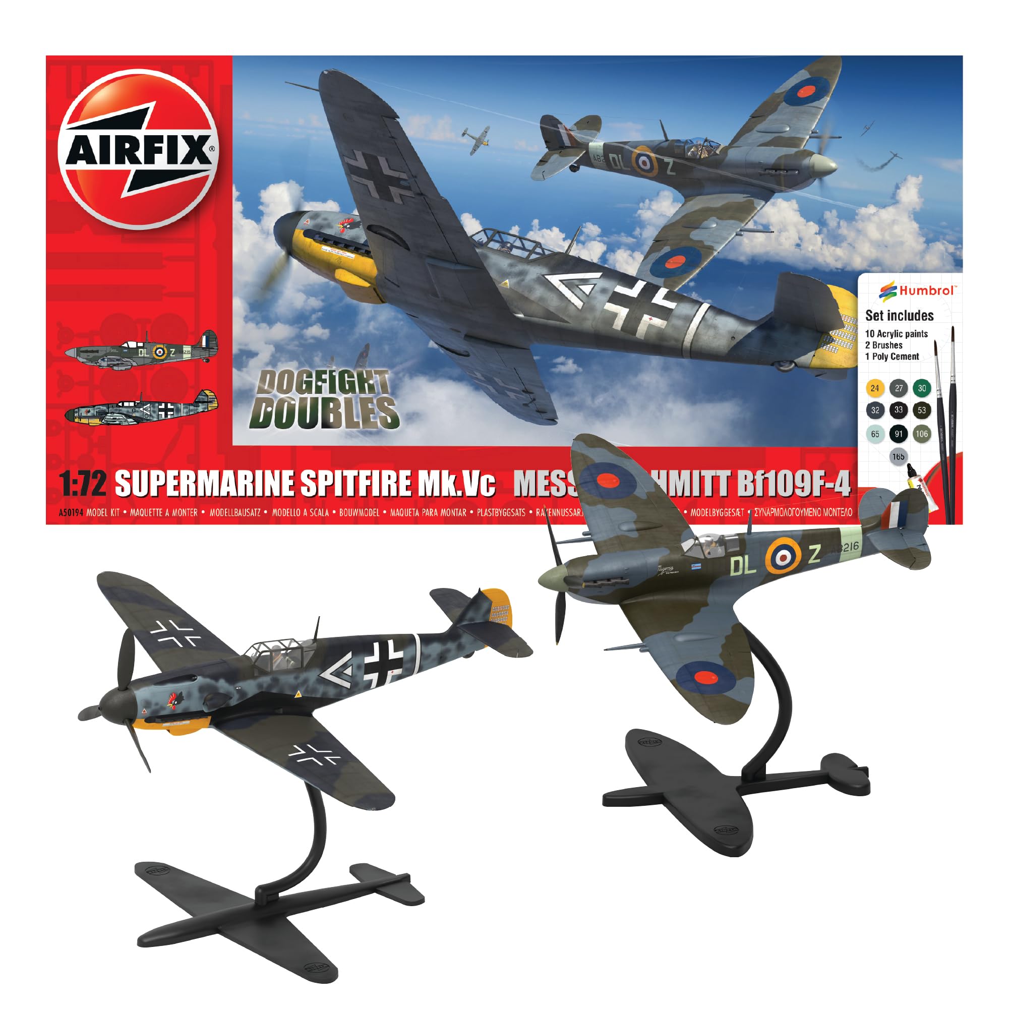 Airfix Gift Set - Model Plane Kits - A50194 Supermarine Spitfire Mk.Vc vs Bf109F-4 Dogfight Double Model Building Set, 1:72 Scale Model Kit for Adults & Kids 8+ - Plane Models Military Gifts for Men S