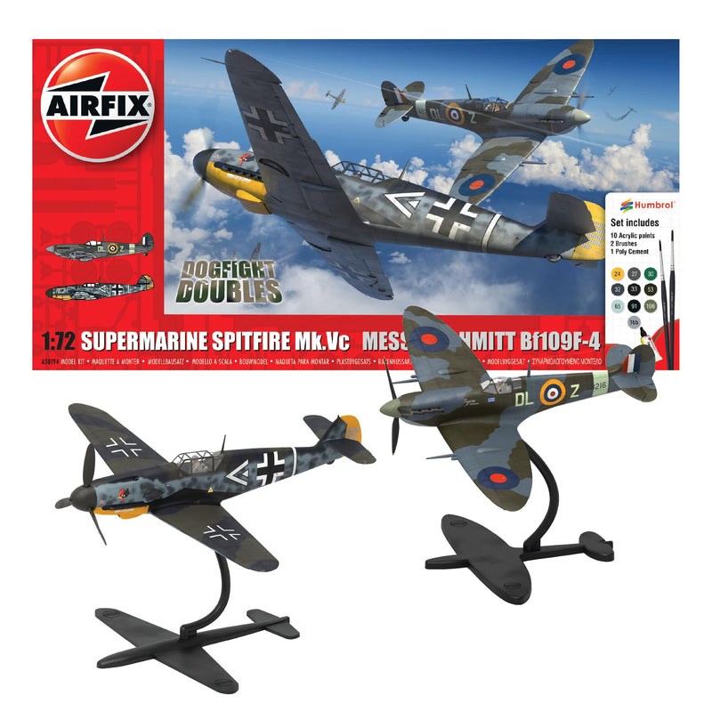 Airfix Gift Set - Model Plane Kits - A50194 Supermarine Spitfire Mk.Vc vs Bf109F-4 Dogfight Double Model Building Set, 1:72 Scale Model Kit for Adults & Kids 8+ - Plane Models Military Gifts for Men S