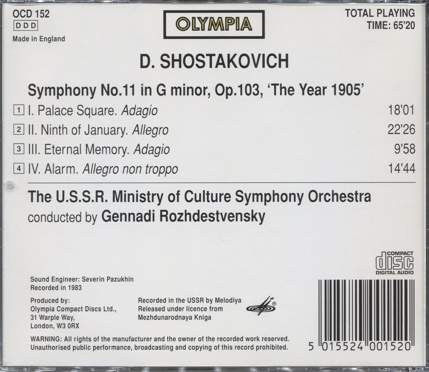 Shostakovich - Symphony 11- Gennadi Rozhdestvensky -Melodiya