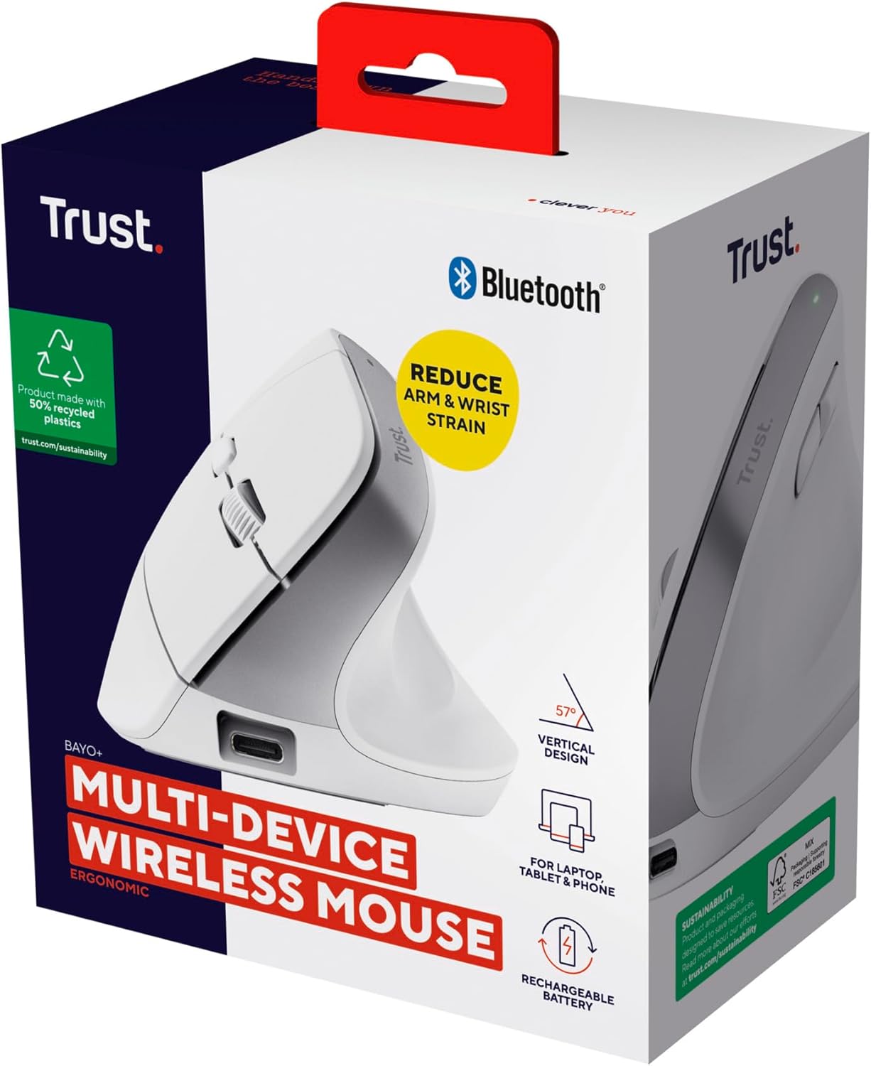 Trust Bayo+ Rechargeable Vertical Mouse Bluetooth + RF 2.4GHz, Ergonomic Mouse, Reduces Arm and Wrist Strain, 50% Recycled Plastics, Multidevice Wireless Mouse for Windows, PC, Laptop, Mac