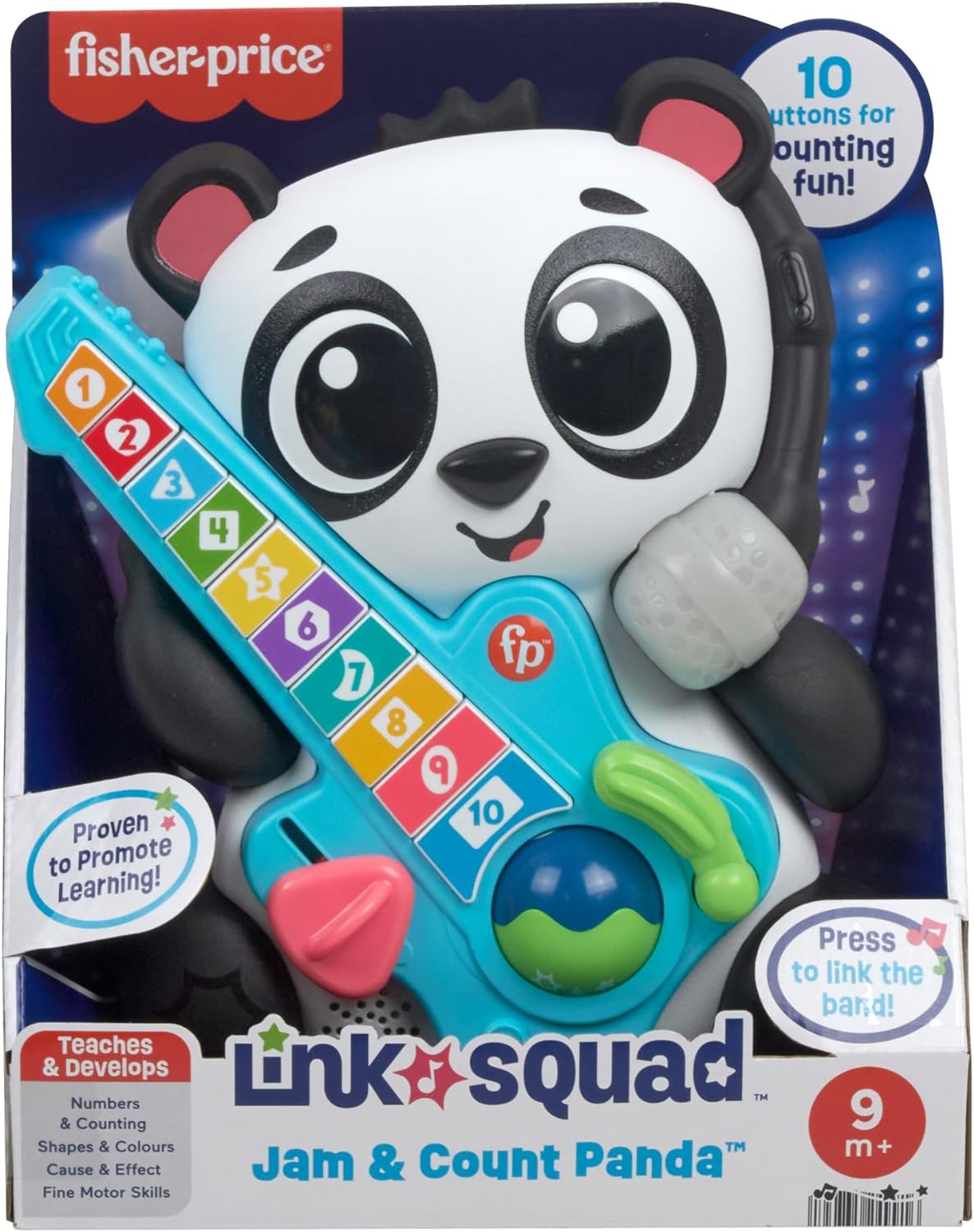 Fisher-Price Baby Learning Toy Link Squad Jam & Count Panda with Music & Lights for Ages 9+ Months, UK English Version, Compatible Only with Link Squad Items, HYL22