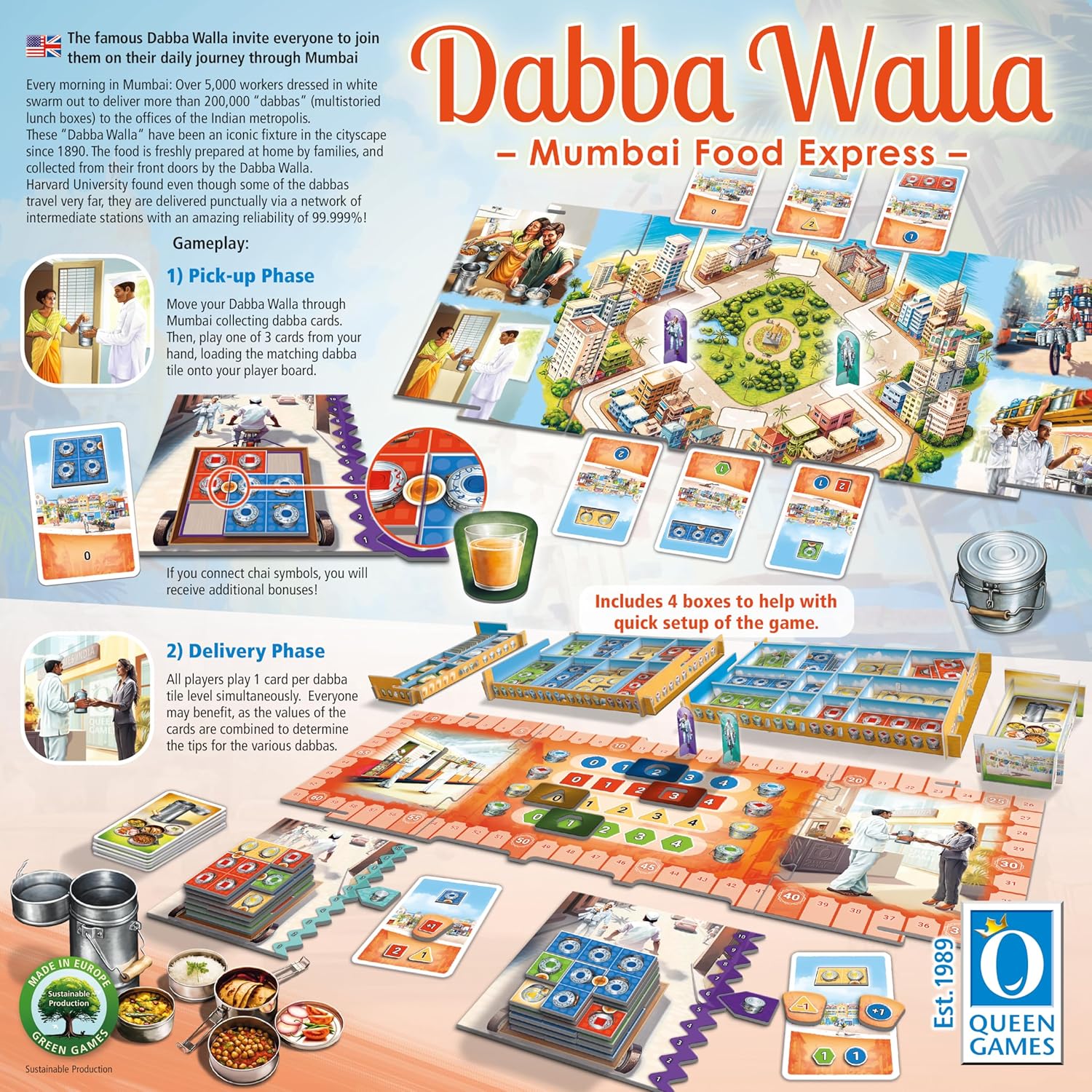 Queen Games Dabba Walla - Mumbai Food Express Strategy Board Game 2-4 Players, Family, Adults, Kids Ages 8+