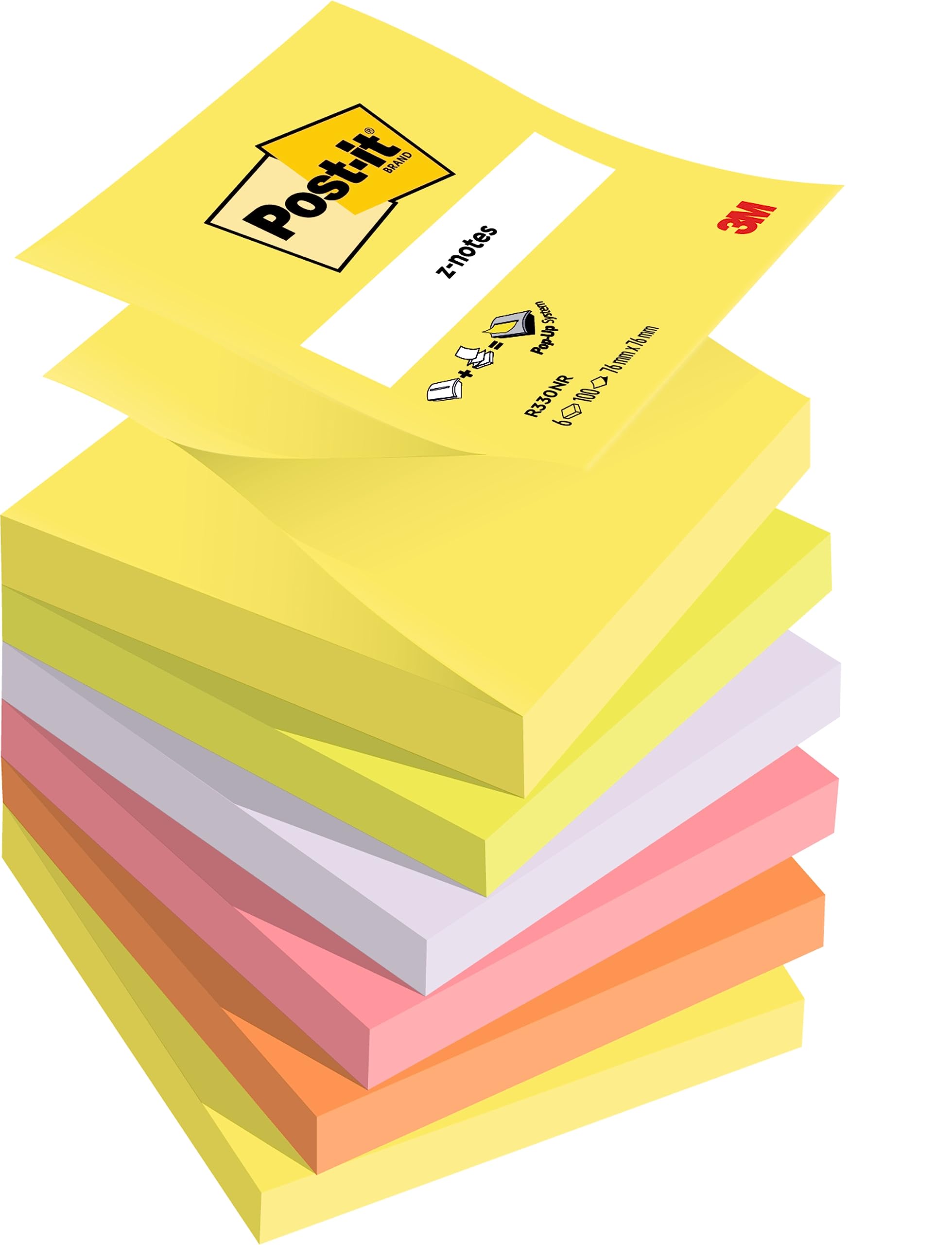Post-it R330NR Z-Notes, Neon Rainbow, Set of 6 (100 Sheets Per Pad