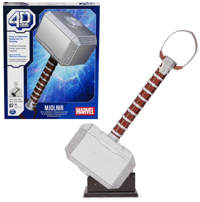 4D Build 6069816, Marvel Mjolnir Hammer Model Kit with Stand, 87 Pieces, Thor Desk Decor, Building Toys, 3D Puzzles for Adults and Teens 12+