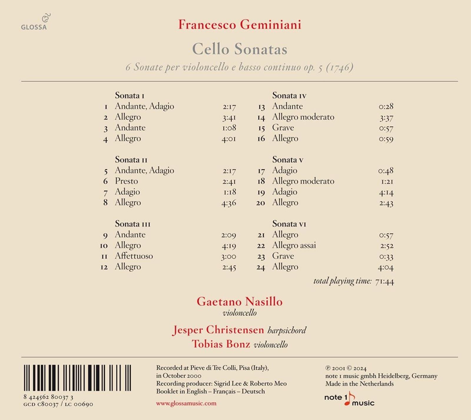Francesco Geminiani: Cello Sonatas, Op. 5
