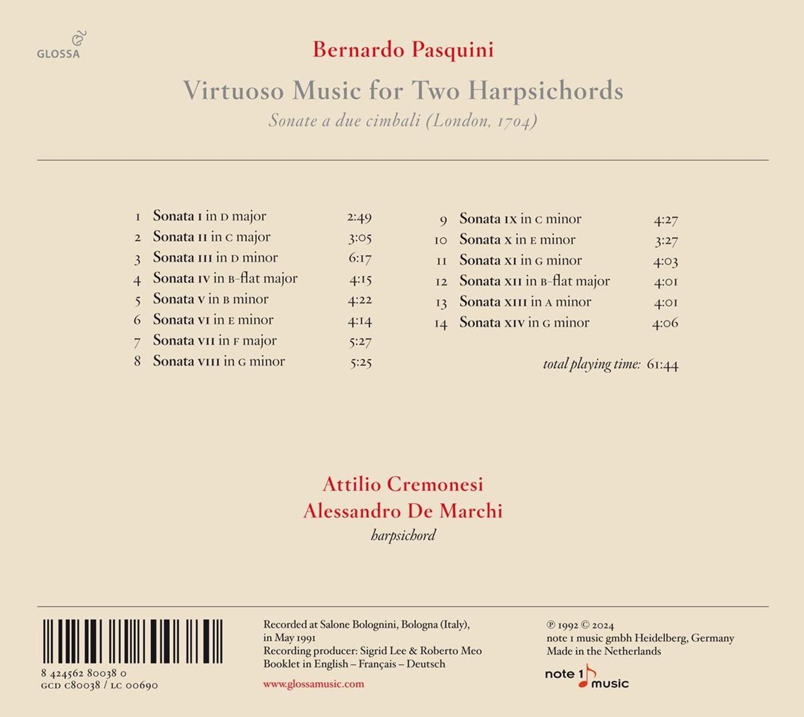 Bernardo Pasquini: Virtuoso Music for Two Harpsichords
