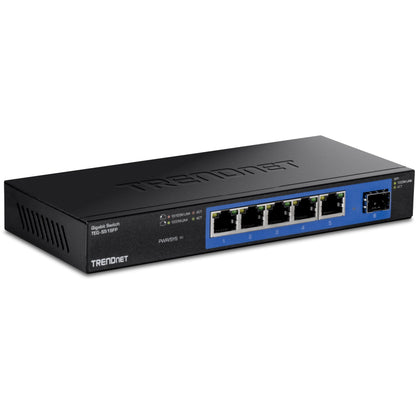 TRENDnet 5-Port Gigabit Compact Metal Desktop Switch with SFP Slot, Fanless Design, Wall Mountable, Lifetime Protection, Black