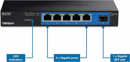 TRENDnet 5-Port Gigabit Compact Metal Desktop Switch with SFP Slot, Fanless Design, Wall Mountable, Lifetime Protection, Black