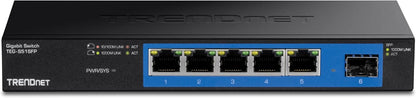 TRENDnet 5-Port Gigabit Compact Metal Desktop Switch with SFP Slot, Fanless Design, Wall Mountable, Lifetime Protection, Black