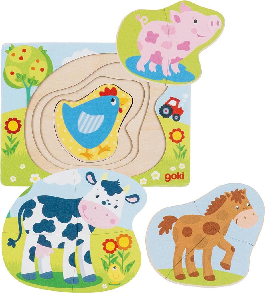 GOKI- Animales de Granja, Puzzle No Aplica Madera, Multicolor, único (57386