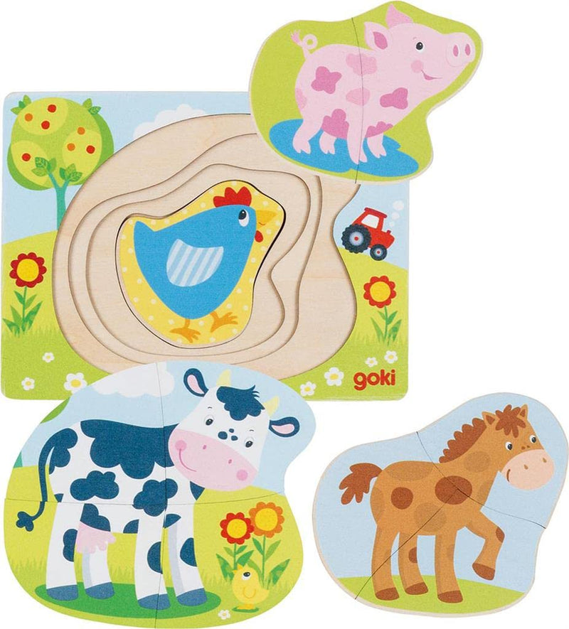 GOKI- Animales de Granja, Puzzle No Aplica Madera, Multicolor, único (57386