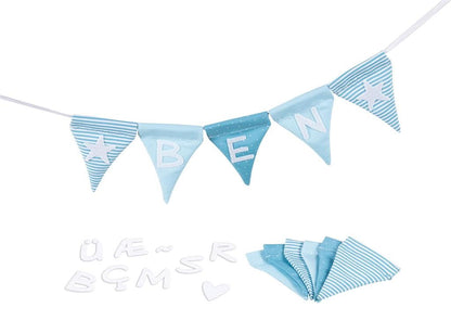 goki 60675 - Letter Bunting Blue with 10 Flags - Made of Fabric - Personalised - Letters are Self-Adhesive