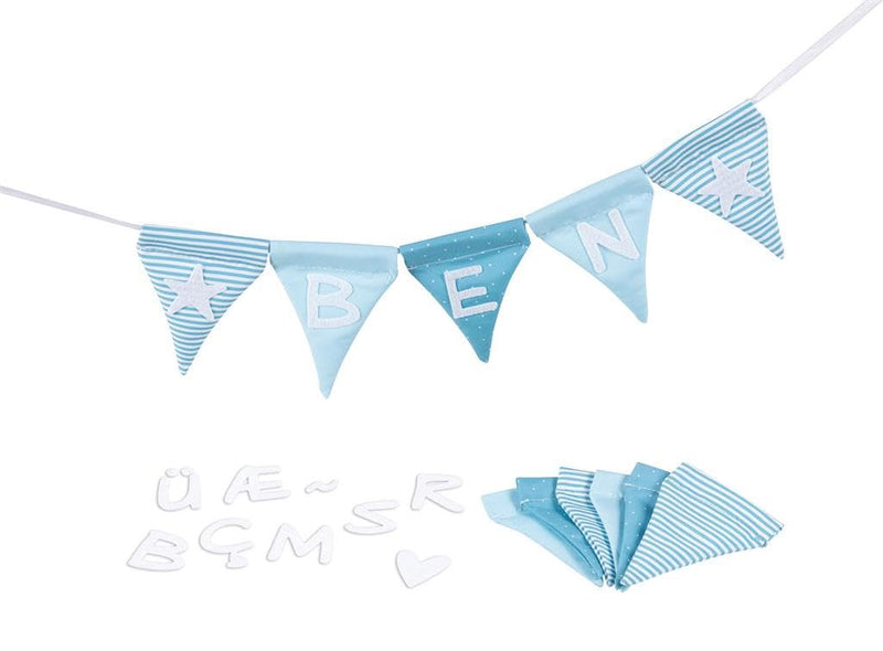 goki 60675 - Letter Bunting Blue with 10 Flags - Made of Fabric - Personalised - Letters are Self-Adhesive