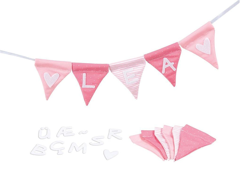 goki 60676 - Letter Bunting Pink with 10 Flags - Made of Fabric - Personalised - Letters are Self-Adhesive